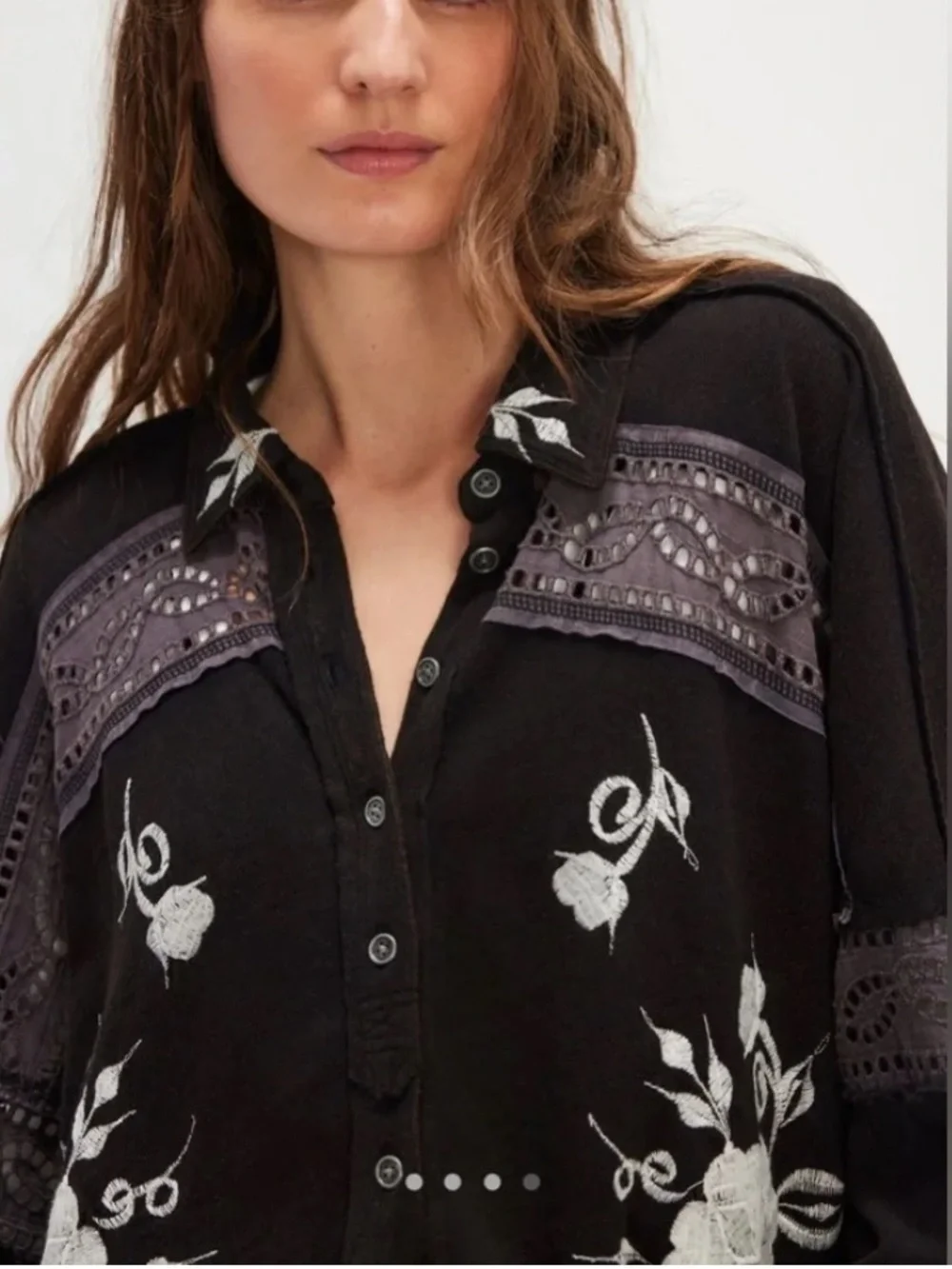 Free People We The Free Blue Ridge Floral Embroidered Button Down Oversized Top